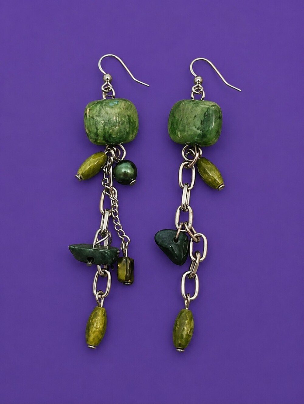 Vintage Green Gemstone Beaded Chain Fringe Dangle Drop Earrings
